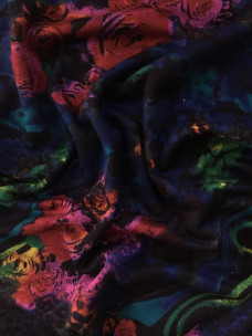 Трикотаж модал принт (троянди оранж/рож на синьому)