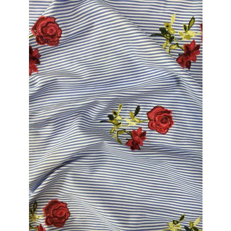 Ткань рубашечная с вышивкой ''Роза'' (голуб. полоска)