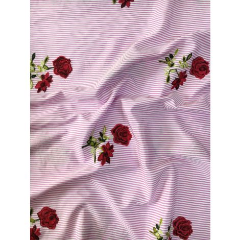 Ткань рубашечная с вышивкой ''Роза'' (розов. полоска)